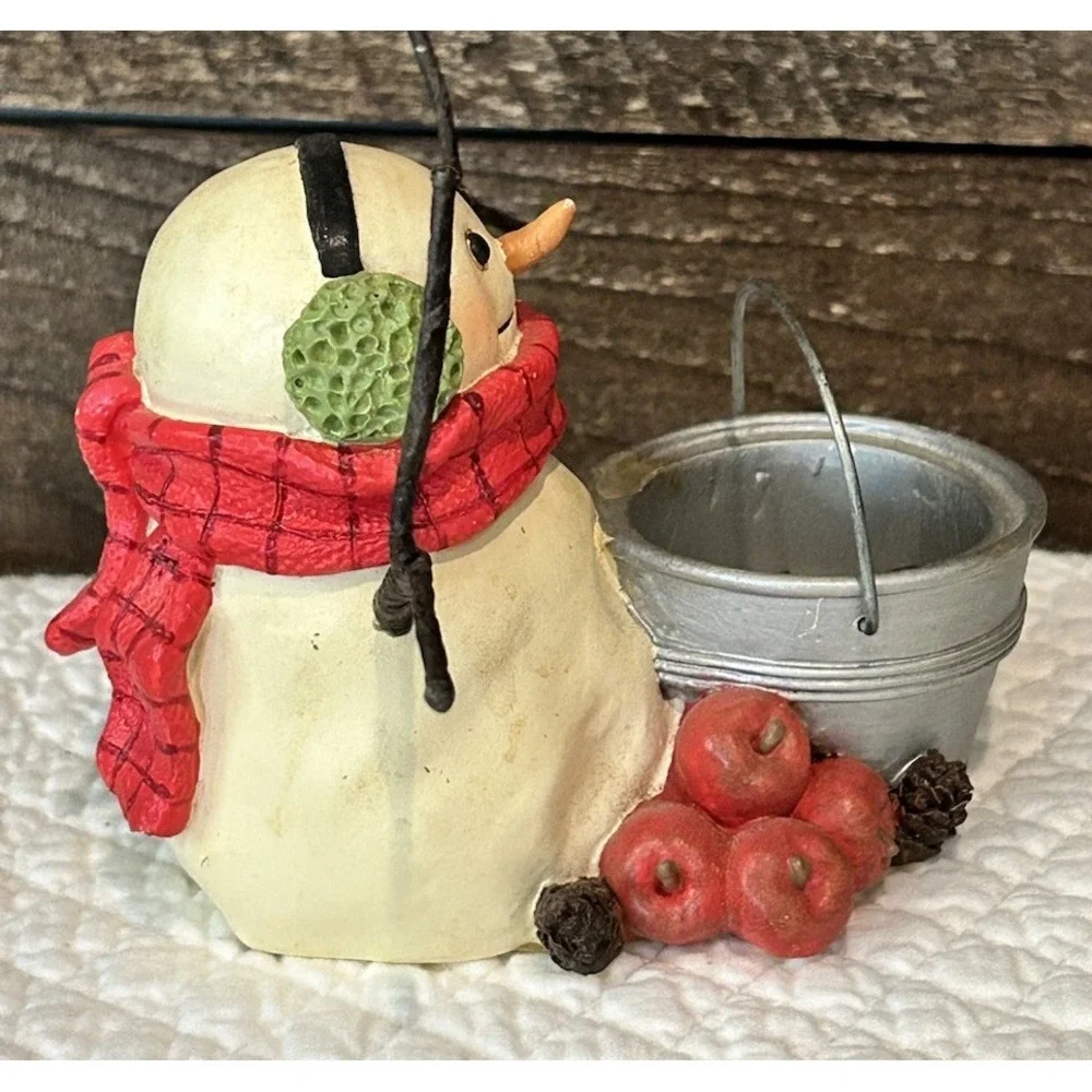Hallmark Jan Karon Snowman‎ Tealight Candle Holder Apples Pail Retired